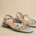Womens Strappy Gladiator Flat Sandal Square Open Toe Studded T Strap Rivet Slingback Buckle Beach Sandals