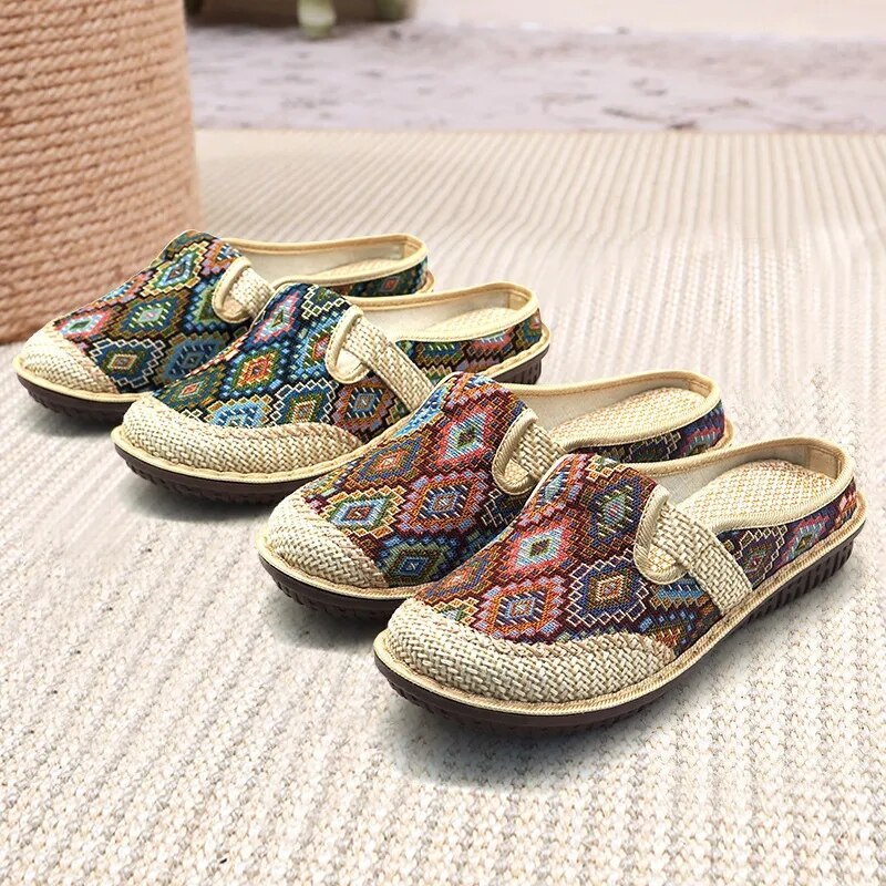 Ethnic Vintage Women Slipper Summer Flat Shoe Linen Wedge Cloth Shoes ...