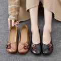 Three Flower Retro Black Flats For Women Genuine Leather Flat Shoes