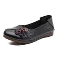 Three Flower Retro Black Flats For Women Genuine Leather Flat Shoes