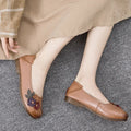 Three Flower Retro Black Flats For Women Genuine Leather Flat Shoes