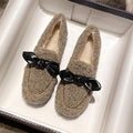 Furry Outer Wearing Flats Loafers belt Bow Decor Backless  Wild Fluffy Flat Mules Warm