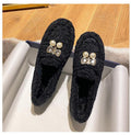 Furry Outer Wearing Flats Loafers Belt Bright diamond Bowknot Backless  Wild Fluffy Flat Mules Warm